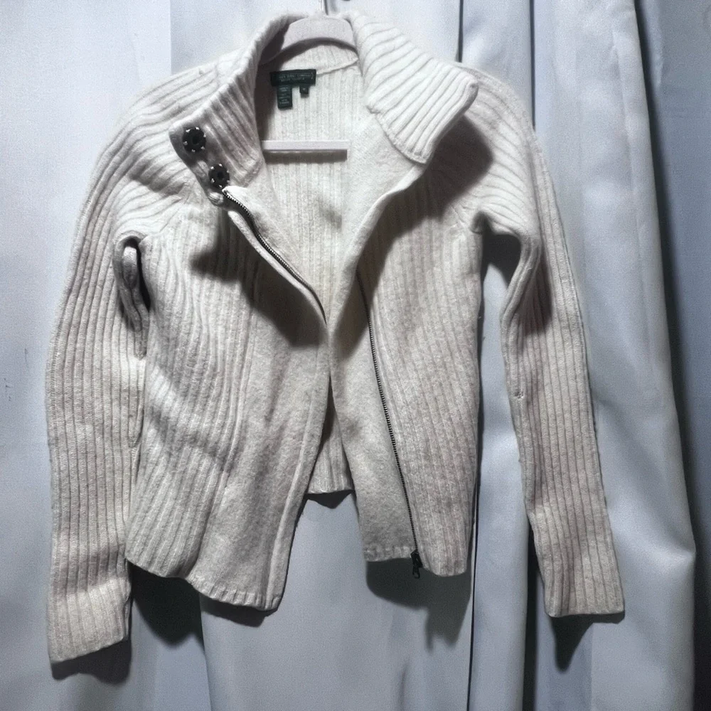 Lauren Ralph Lauren 100% Lambswool Ribbed Zip Sweater Jacket Medium Cream - Picture 2 of 8